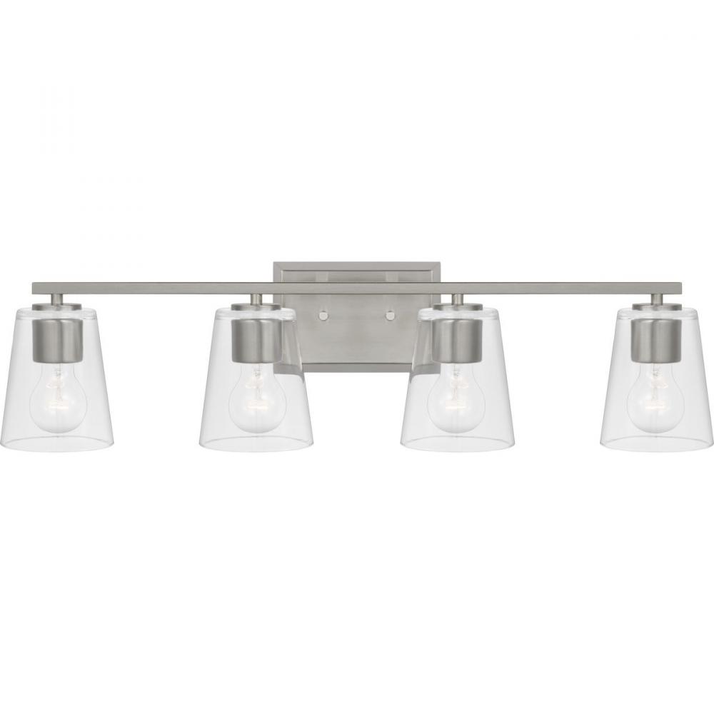 Vertex Collection Four-Light Brushed Nickel Clear Glass Contemporary Bath Light