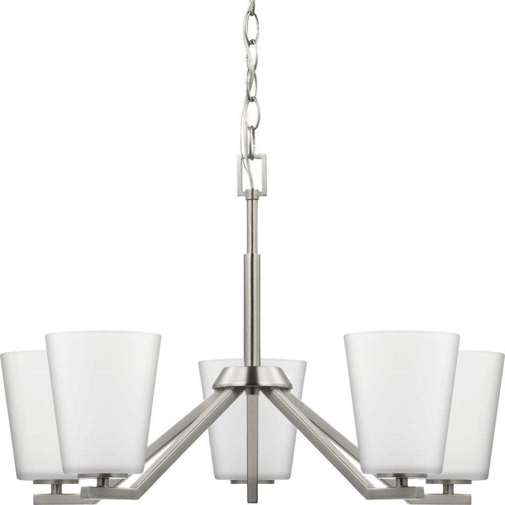 Vertex Collection Five-Light Brushed Nickel Etched White Contemporary Chandelier