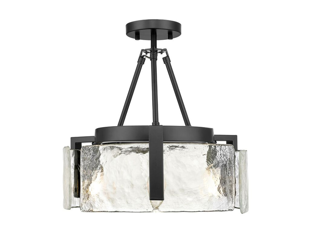 Aenon 3-Light Semi-Flush in Matte Black with Hammered Water Glass Shade