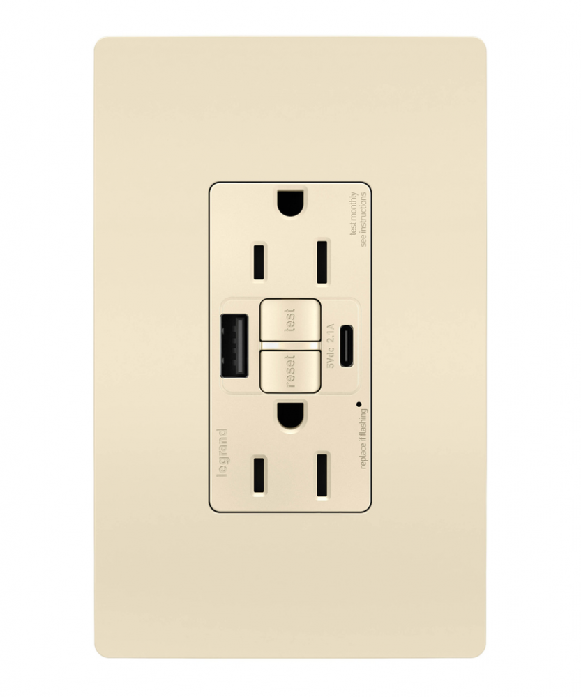 radiant Tamper-Resistant 15A Duplex Self-Test GFCI Receptacles wt SafeLock Protection, USB Type