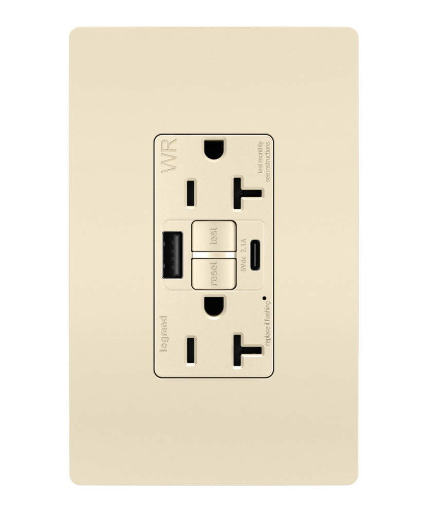 radiant Tamper-Resistant Weather-Resistant Duplex Self-Test GFCI wt USB Type A/C Outlet, Light Al